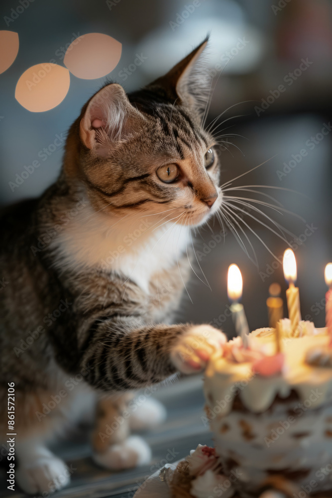 Low Angle Shot of Cute Cat Birthday Celebration Low Angle Shot of Cute Cat Birthday Celebration