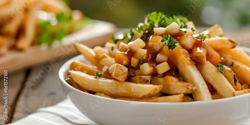 Original French-Canadian Poutine Flavor. Concept Cheese Curds, Gravy, French Fries, Canadian Cuisine, Quebec Specialties photo