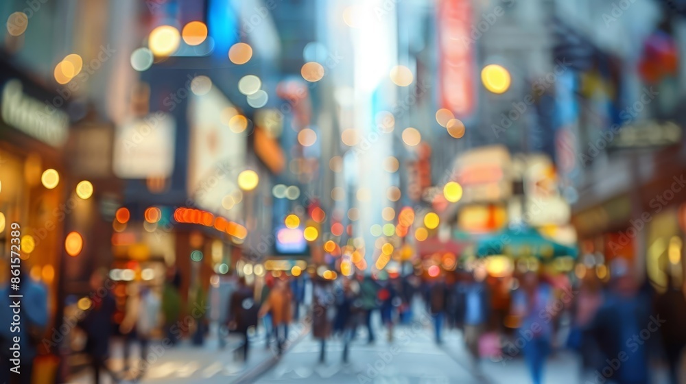 Blurred background of a bustling downtown street with shops, cafes, and pedestrians Urban life Capturing the vibrant and busy scene of a city street Blurred background of a bustling downtown street with shops, cafes, and pedestrians Urban life Capturing the vibrant and busy scene of a city street