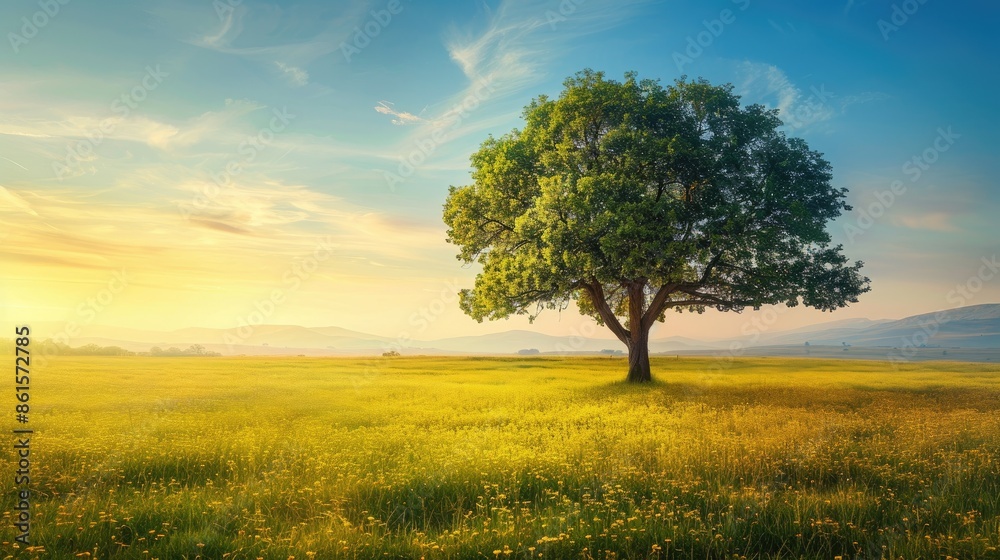 Fototapeta premium Magnificent tree standing proudly in the midst of a spacious field, a striking image of serenity and solitude