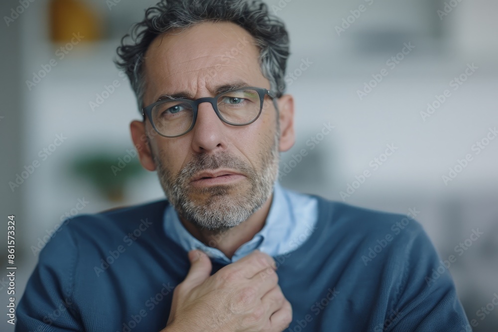 Realistic Image of Middle-Aged Man Suffering a Heart Attack in Minimalist Living Room Realistic Image of Middle-Aged Man Suffering a Heart Attack in Minimalist Living Room
