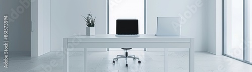 Minimalist white office, a modern business executive desk with a laptop © Media Srock