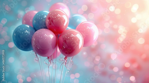 A vibrant group of colorful balloons, including pink and blue ones, gently float against a beautiful bokeh background, perfect for a celebratory or festive occasion.
