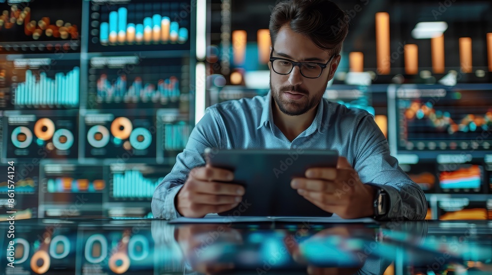 A serious man wearing glasses intently works on a digital tablet in a tech-savvy environment filled with multiple data visualization screens, symbolizing technology and focus.