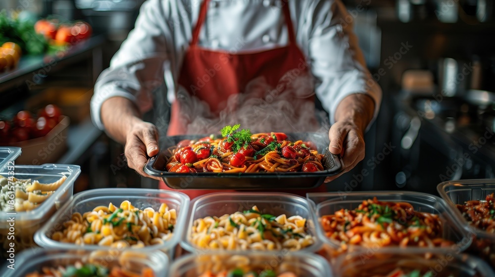 A chef, dressed in a red apron and white shirt, presents a steaming tray of pasta al forno, surrounded by various pasta dishes, demonstrating culinary excellence. A chef, dressed in a red apron and white shirt, presents a steaming tray of pasta al forno, surrounded by various pasta dishes, demonstrating culinary excellence.