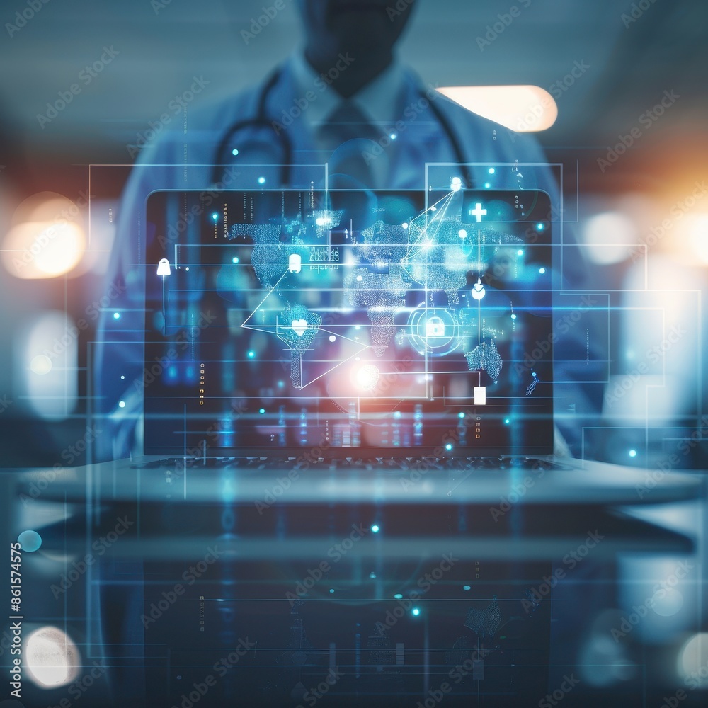 Obraz premium Doctor using advanced technology in healthcare with digital interface and data visualization for patient diagnosis and treatment.