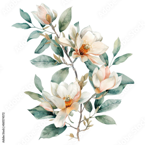Elegant watercolor illustration of blooming magnolia flowers with lush green leaves, perfect for botanical designs and nature-themed projects.