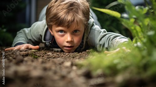 Cute little boy laying on the ground in the garden and looking at camera