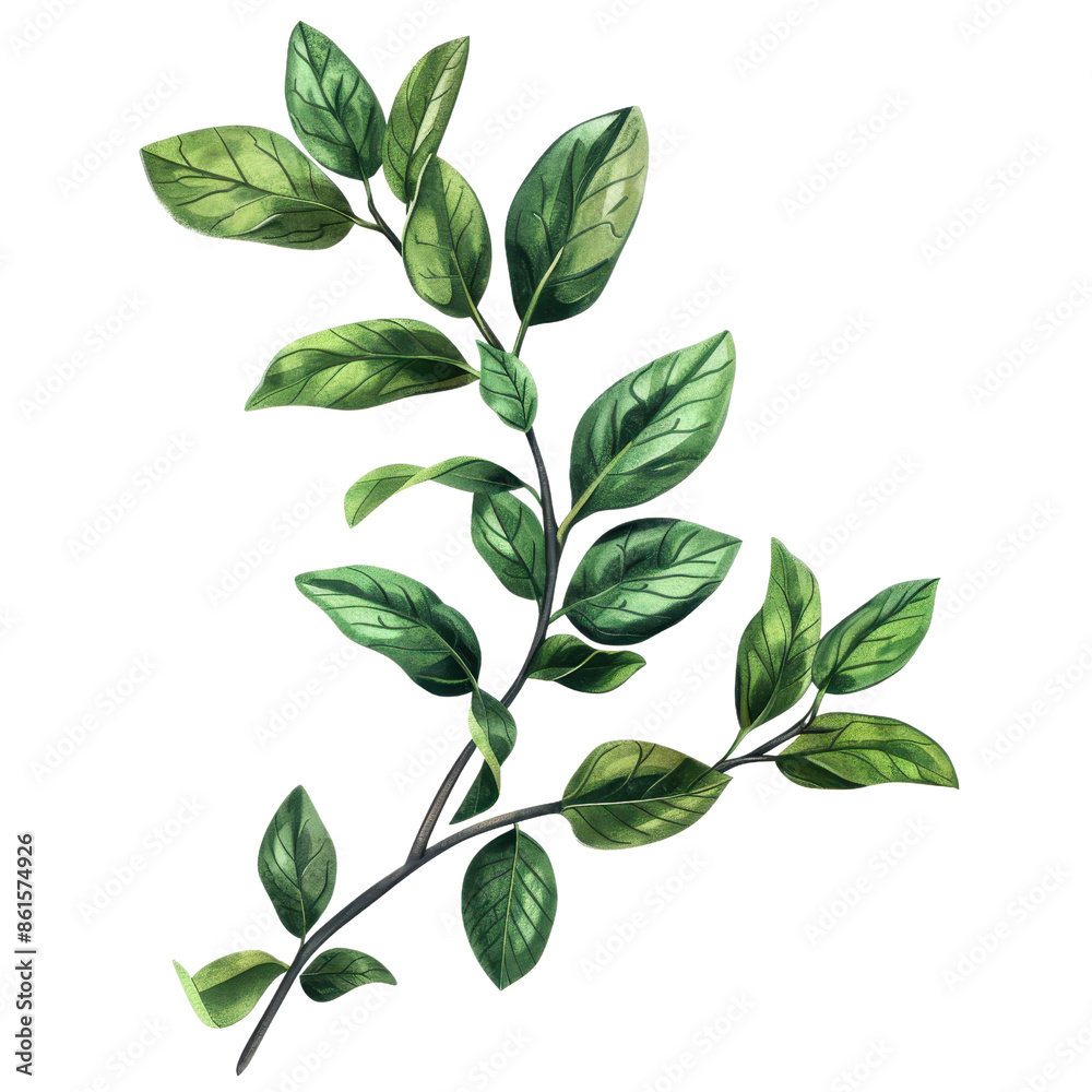 Naklejka premium Illustration of a green leafy branch with multiple leaves, perfect for botanical designs, nature-themed projects, and floral backgrounds.