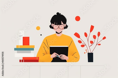 Modern Student Using Tablet for Math Homework - Digital Learning Concept in Flat Design Illustration