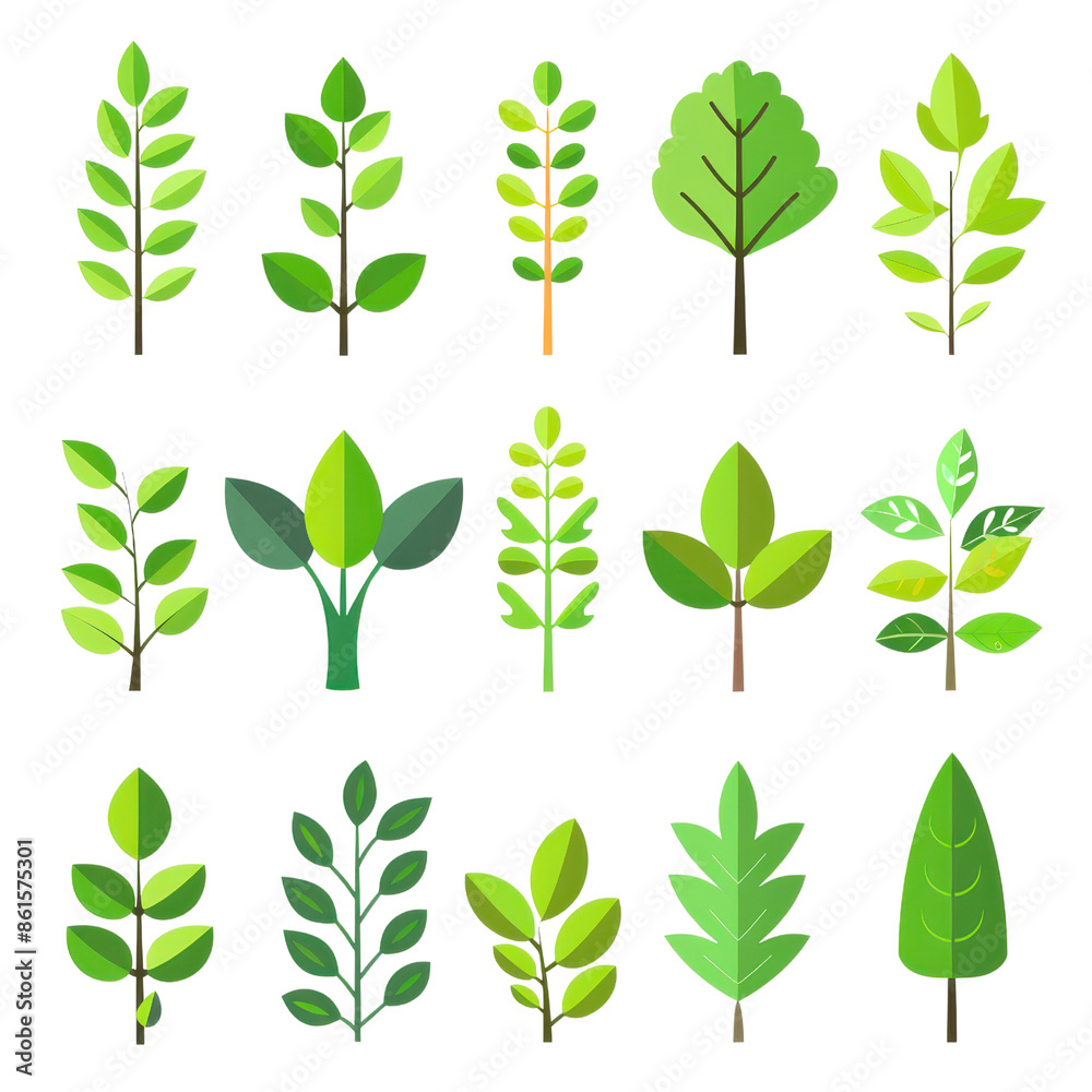 Set of 15 different green plant leaf icons in a flat style, suitable for various nature, gardening, and botanical designs. Set of 15 different green plant leaf icons in a flat style, suitable for various nature, gardening, and botanical designs.