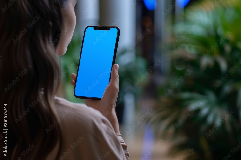 Display mockup from a shoulder angle of a woman holding an smartphone with an entirely blue screen