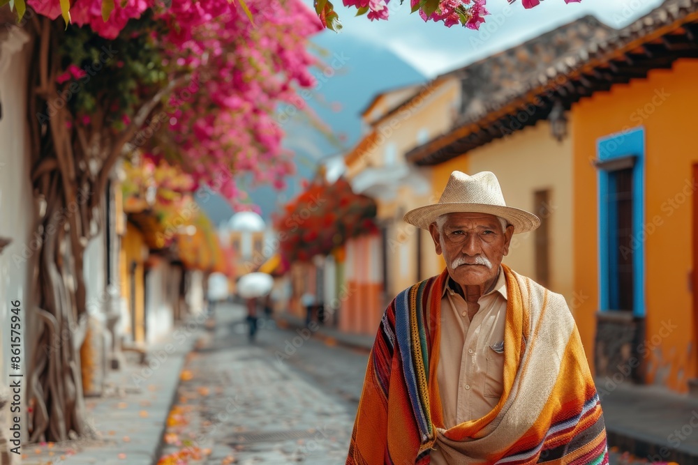 Fototapeta premium Man in Traditional Mayan Outfit Walking Through Cobblestone Streets of Antigua