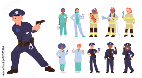Children important profession and rescue service job occupation isolated set on white background