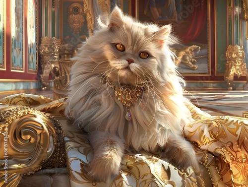 Regal Persian Cat Enthroned in Opulent Palace Interior with Gilded Throne and Jewel Encrusted Regalia photo