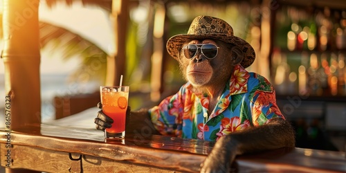 Stylish monkey in a Hawaiian shirt, hat and sunglasses sits at a bar with an orange cocktail. Copyspace, place for text photo