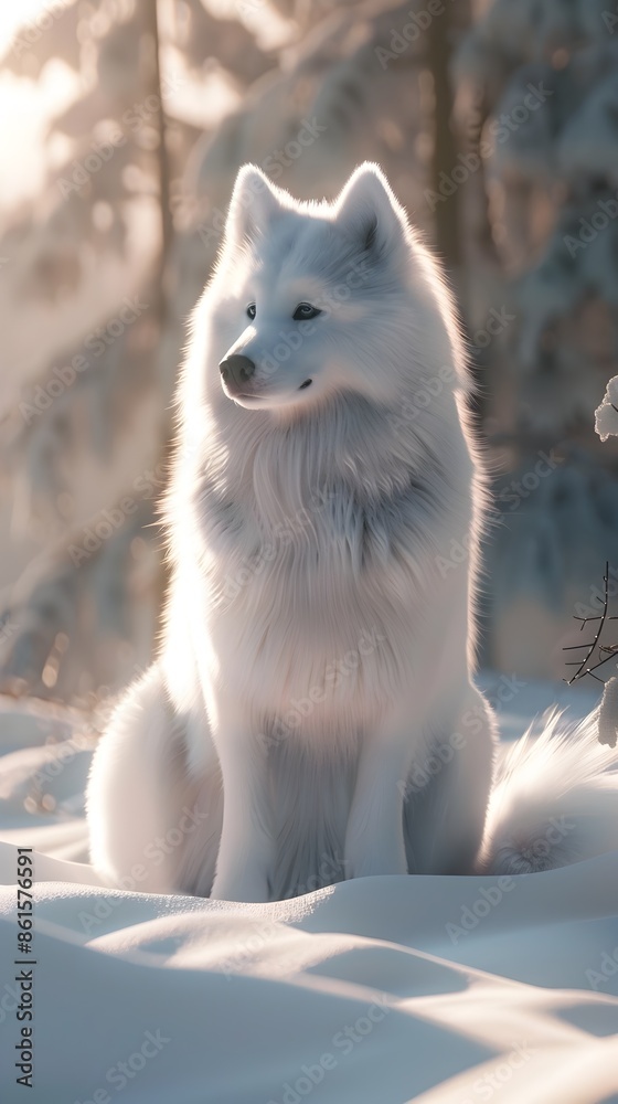 Majestic Samoyed in a Serene Snow Covered 3D Rendering