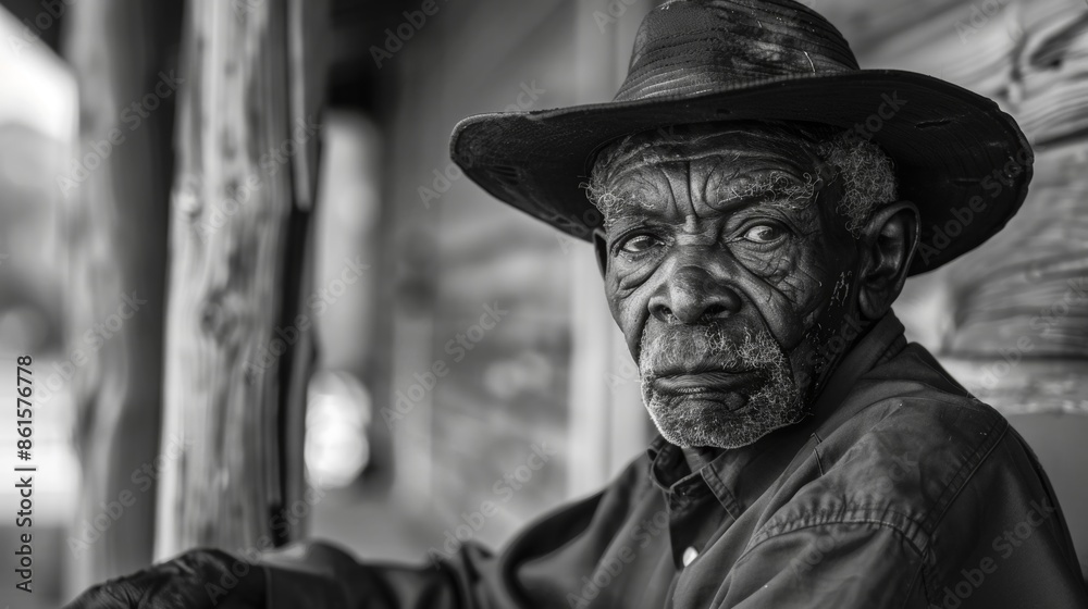 A grandfather sits on his porch a lifetime of experience captured in the lines on his face and the le in his eye. Black and white art A grandfather sits on his porch a lifetime of experience captured in the lines on his face and the le in his eye. Black and white art