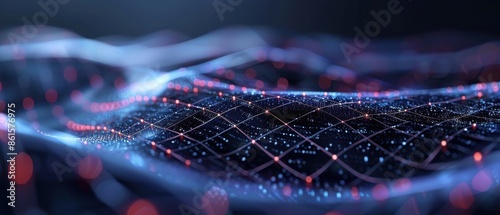 Abstract digital wave with glowing nodes and connecting lines in a futuristic network. Concept of technology, data, and communication.