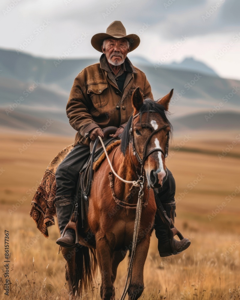 Fototapeta premium Middle-Aged Mongolian Herder Riding Through the Steppes