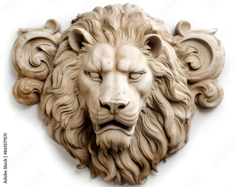 Obraz premium Marble relief with male lion head. Antique sculpture with the king of the animals.