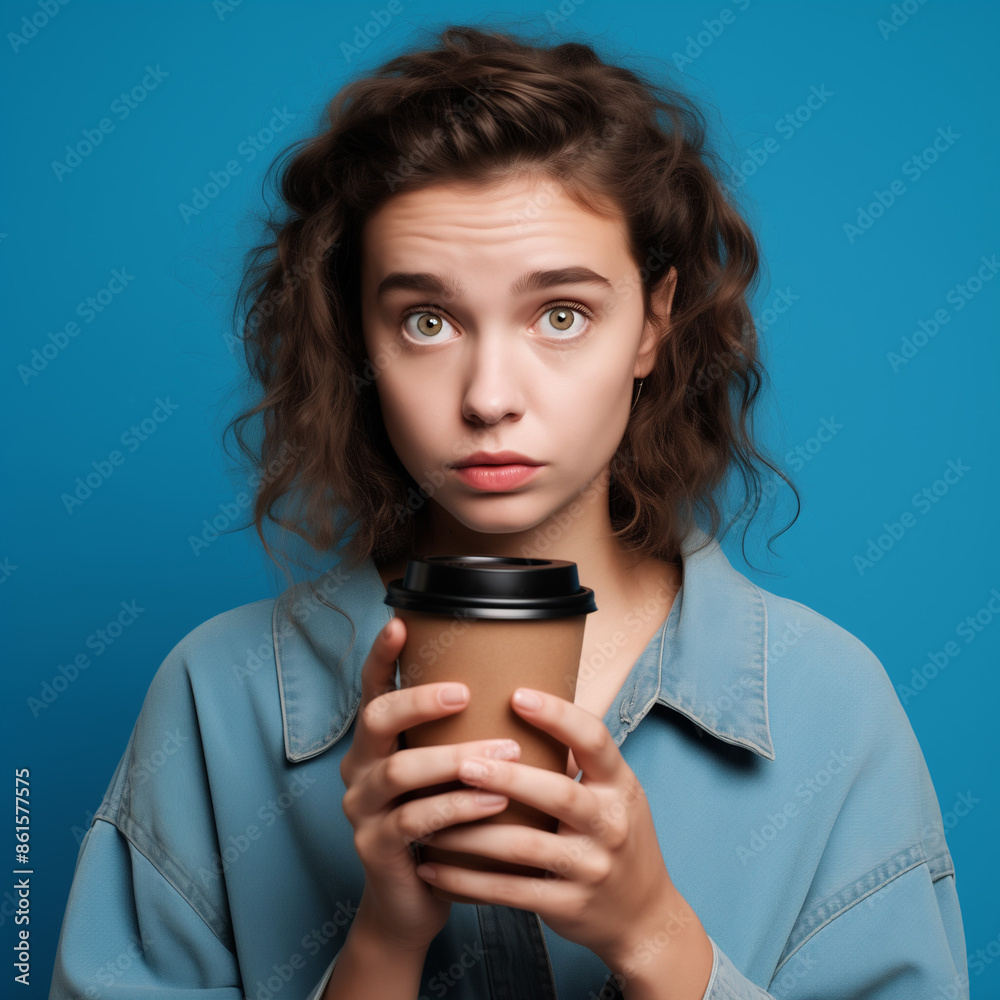 A bored young Caucasian woman holding a takeaway coffee cup and talking on her mobile phone, rolling her eyes, isolated on a blue background. A bored young Caucasian woman holding a takeaway coffee cup and talking on her mobile phone, rolling her eyes, isolated on a blue background.