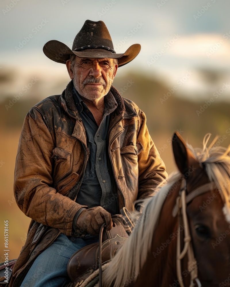 Fototapeta premium Middle-Aged Vaqueiro Riding Through the Sertão Region in Brazil