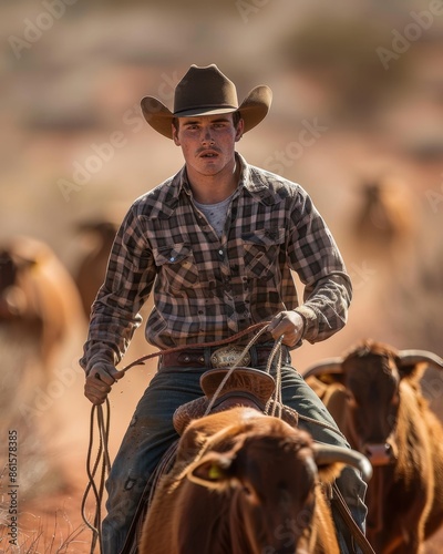 Young Jackaroo Mustering Cattle in the Australian Outback


