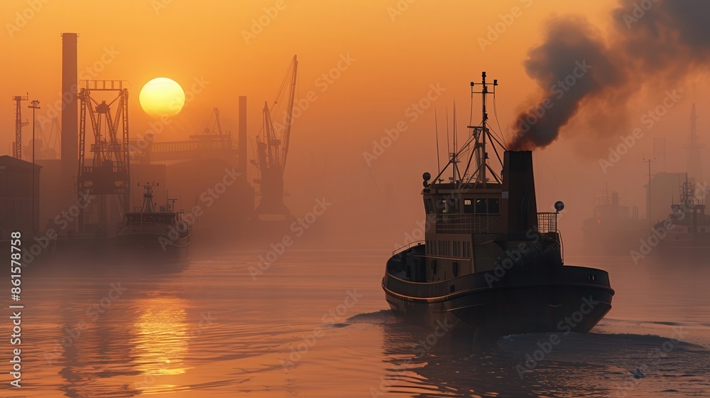Sunset over a busy industrial harbor with a tugboat navigating through the water, emitting smoke against an orange sky. Sunset over a busy industrial harbor with a tugboat navigating through the water, emitting smoke against an orange sky.