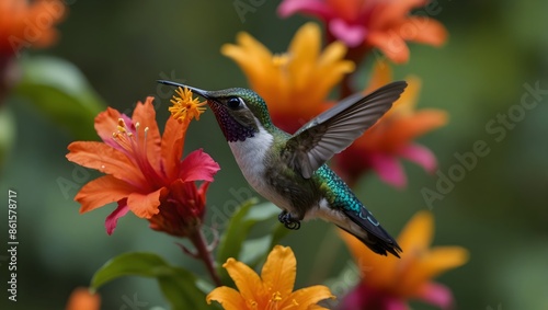 A tiny hummingbird sipping nectar from vibrant, tropical flowers ai-generated