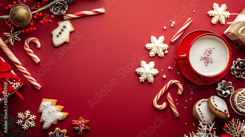 Festive Christmas Flat Lay with Hot Chocolate and Cookies with Red colored background. 