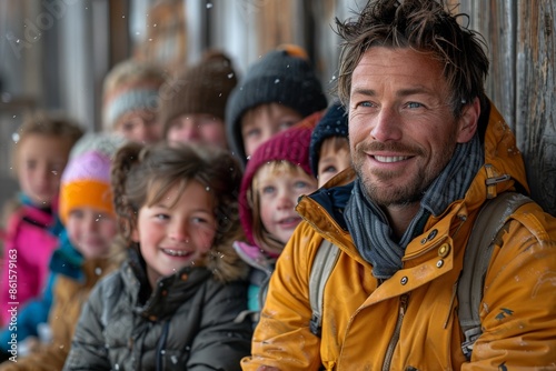 A happy group of children are gathered with an adult in a snowy outdoor setting, all dressed warmly in winter clothing and showing cheerful expressions, enjoying the wintry weather.
