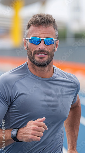 A man on a morning jog around the stadium, warming up before a competition, vertical portrait