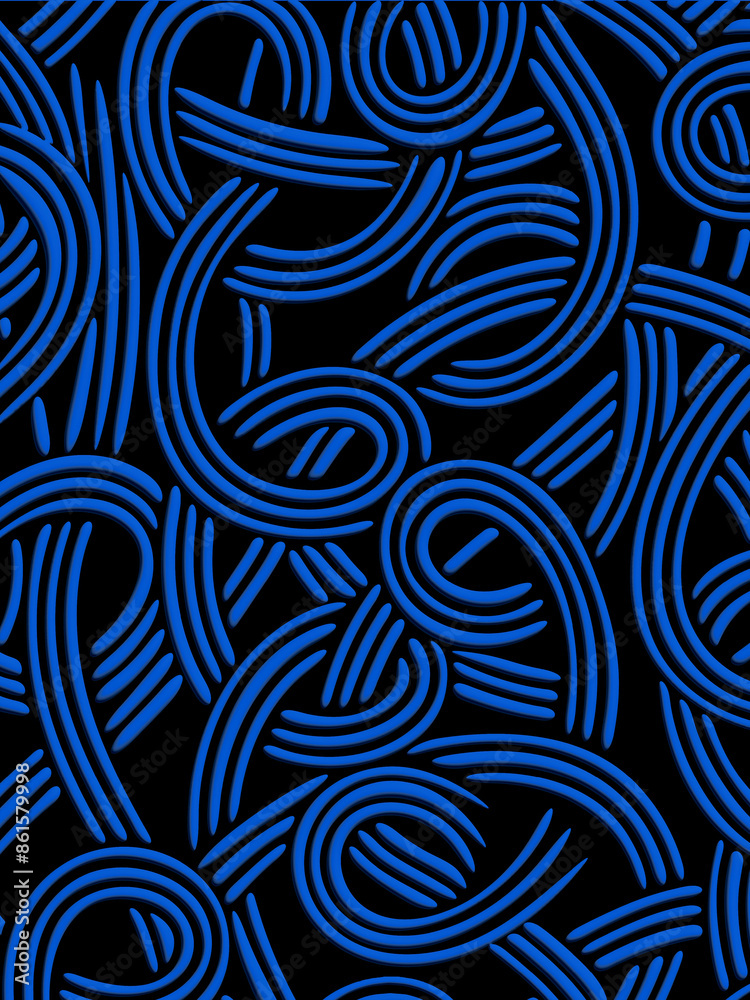 Abstract pattern of blue swirls.
A pattern of blue lines intertwining on a black background. Lines form loops and curves that create a complex aesthetic. Abstract pattern of blue swirls.
A pattern of blue lines intertwining on a black background. Lines form loops and curves that create a complex aesthetic.