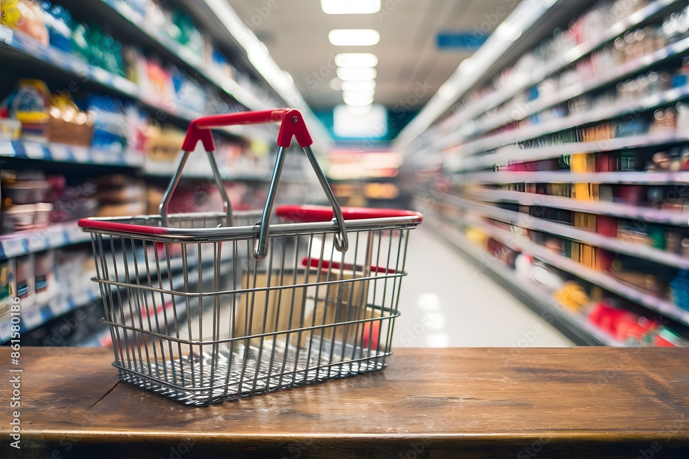 Shopping basket on wooden surface, blurred supermarket aisle background, inviting shopping scene Shopping basket on wooden surface, blurred supermarket aisle background, inviting shopping scene