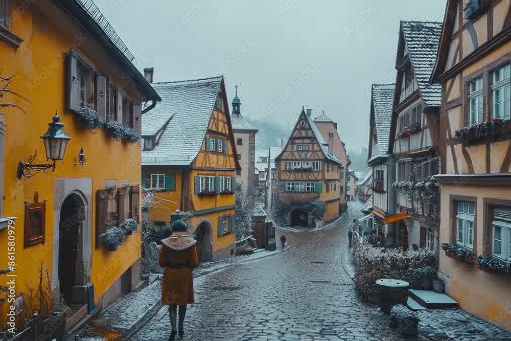 Naklejka premium Middle-Aged Woman in Traditional Dirndl Walking Through Medieval Rothenburg ob der Tauber