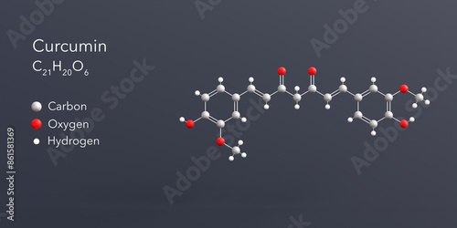 curcumin molecule 3d rendering, flat molecular structure with chemical formula and atoms color coding photo