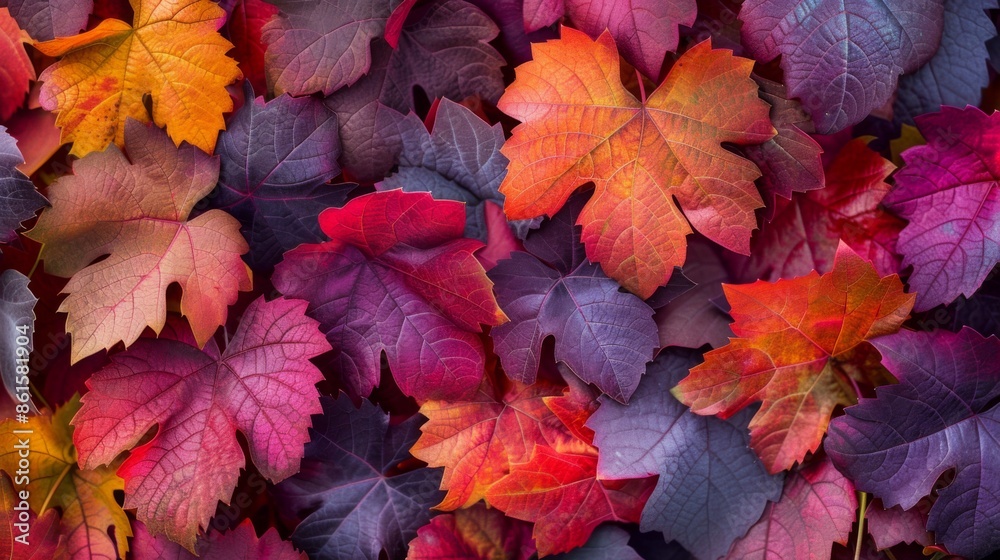Red grape leaves in autumn, capturing their rich, warm hues against a natural backdrop Red grape leaves in autumn, capturing their rich, warm hues against a natural backdrop