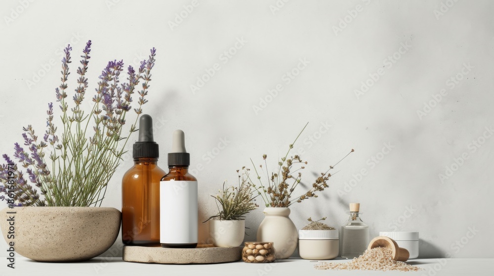 Set of natural skincare products, including a bottle of lavender oil, fresh lavender sprigs, and other herbal remedies Set of natural skincare products, including a bottle of lavender oil, fresh lavender sprigs, and other herbal remedies