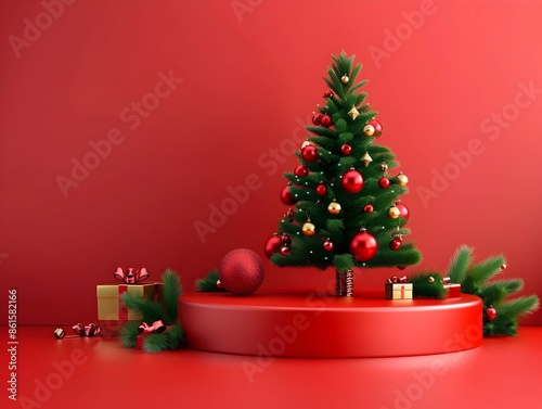 Festive 3D Red Cylinder Pedestal with Green Christmas Tree and Ornaments for Product Presentation