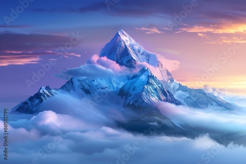 Dramatic majestic mountain peak rising above the clouds with sharp ridges and rugged terrain photo