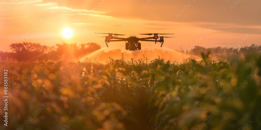 A drone applying pesticides to a field during golden hour. Concept Agriculture, Drone Technology, Pesticide Application, Sustainable Farming, Golden Hour
