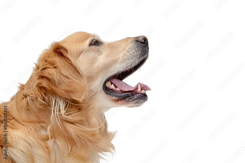A golden retriever dog barking, side view, on a white background A golden retriever dog barking, side view, on a white background