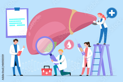 Tiny Doctors Treat the Liver Disease.Doctor make liver examination.vector illustration.