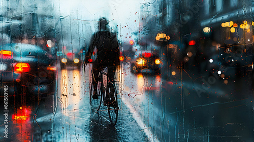Urban cyclist braving rain photo