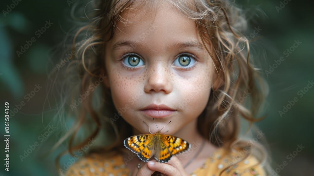 Naklejka premium A Little Girls Gentle Touch on a Butterfly in a Summer Forest. Generative AI