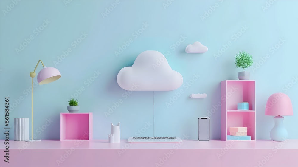 Minimal 3D Cloud Storage Symbol for Digital Synchronization in Modern Office Interior Minimal 3D Cloud Storage Symbol for Digital Synchronization in Modern Office Interior