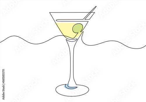 Continuous one line drawing. Martini with olives. Vector illustration