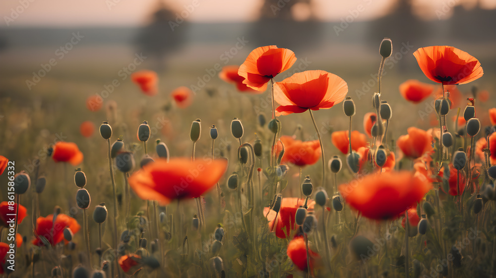 Fototapeta premium Artifical Intelligence generated vivid colorful landscape scenery. Poppy flower background in nature on the mountains. AI generated image