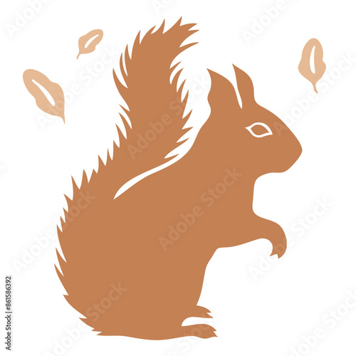 A brown squirrel with a fluffy tail sitting on a branch, surrounded by falling leaves